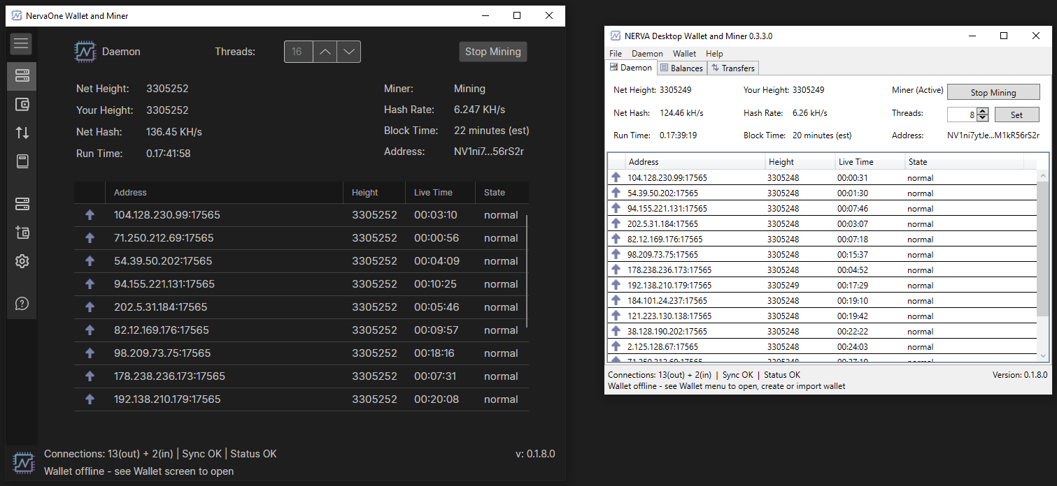 Nerva Wallet and Miner, New vs Old